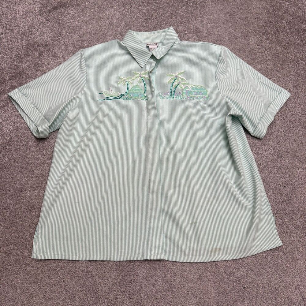 Vintage Koret Francisca Petites Embroidered Shirt Womens Large Green Striped Top